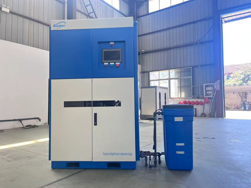 KUOSI sodium hypochlorite generator with a blue and white cabinet, touchscreen and connected blue tank